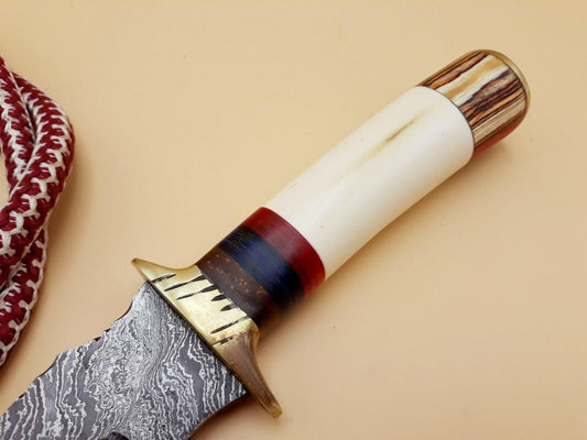 Damascus Steel Hunting Bowie Knife | Custom Forged 512 Layer | Camel Bone Handle & Brass Guard