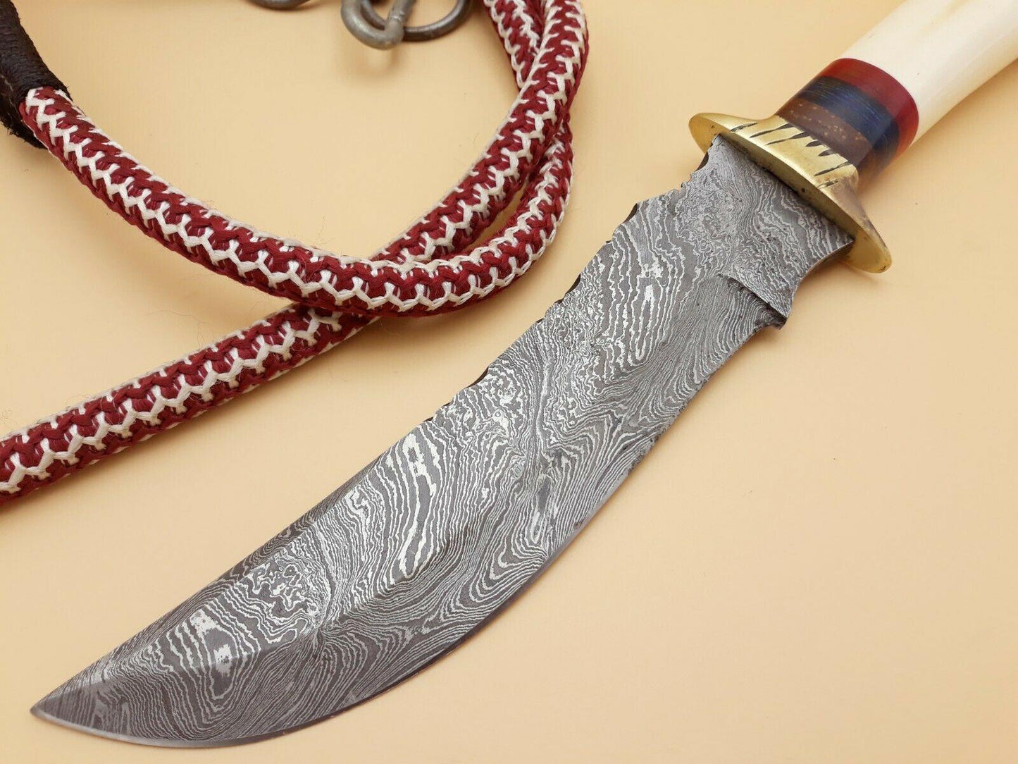 Damascus Steel Hunting Bowie Knife | Custom Forged 512 Layer | Camel Bone Handle & Brass Guard