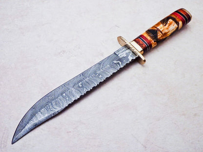 Heritage Forge 16 Inch Damascus Steel Bowie Knife | Camel Bone Hardwood Handle Hunting Camping Blade