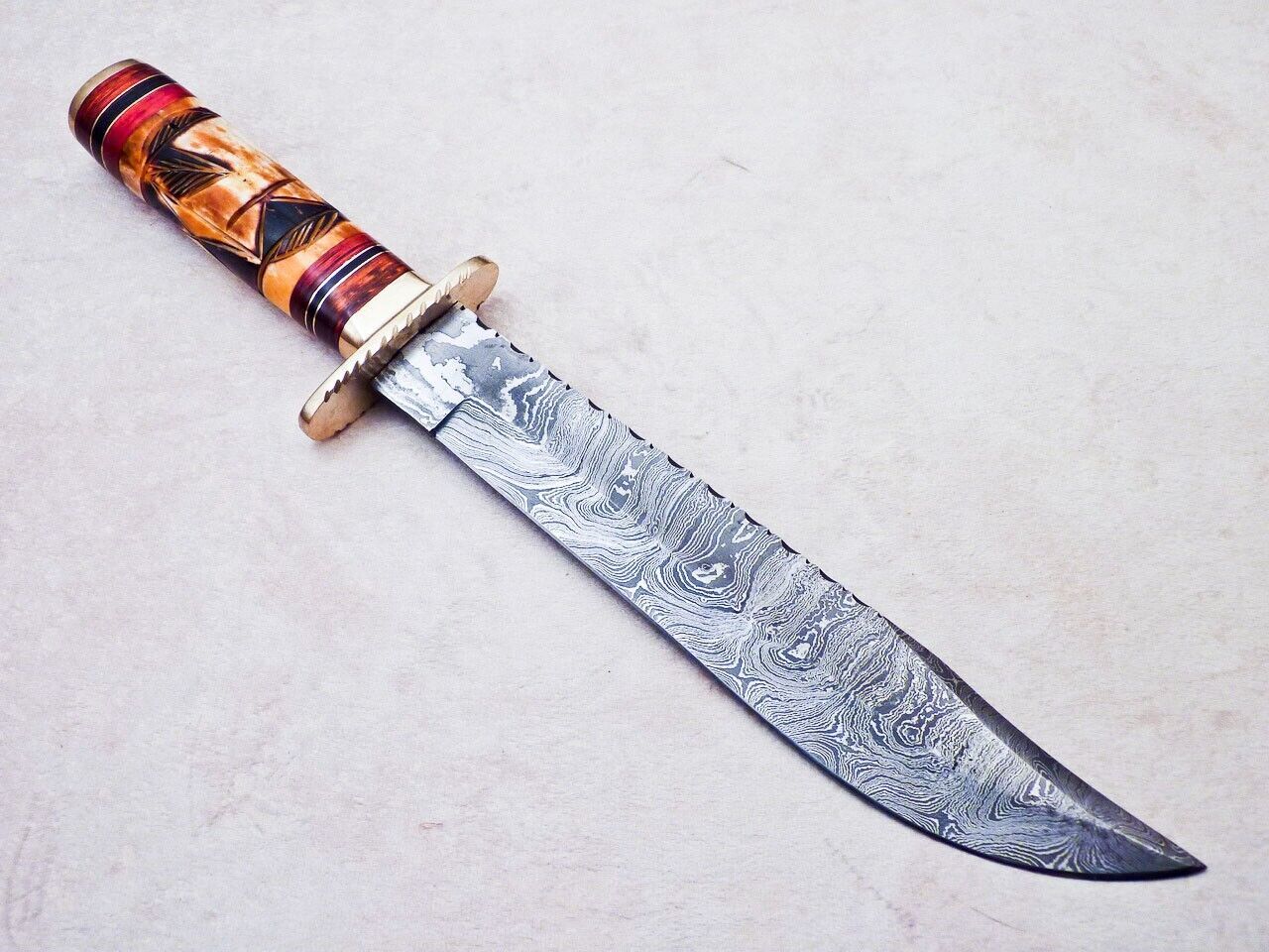 Heritage Forge 16 Inch Damascus Steel Bowie Knife | Camel Bone Hardwood Handle Hunting Camping Blade
