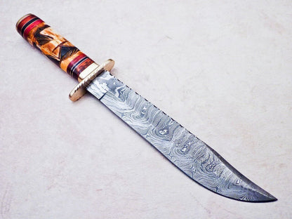 Heritage Forge 16 Inch Damascus Steel Bowie Knife | Camel Bone Hardwood Handle Hunting Camping Blade
