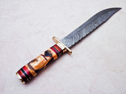 Heritage Forge 16 Inch Damascus Steel Bowie Knife | Camel Bone Hardwood Handle Hunting Camping Blade