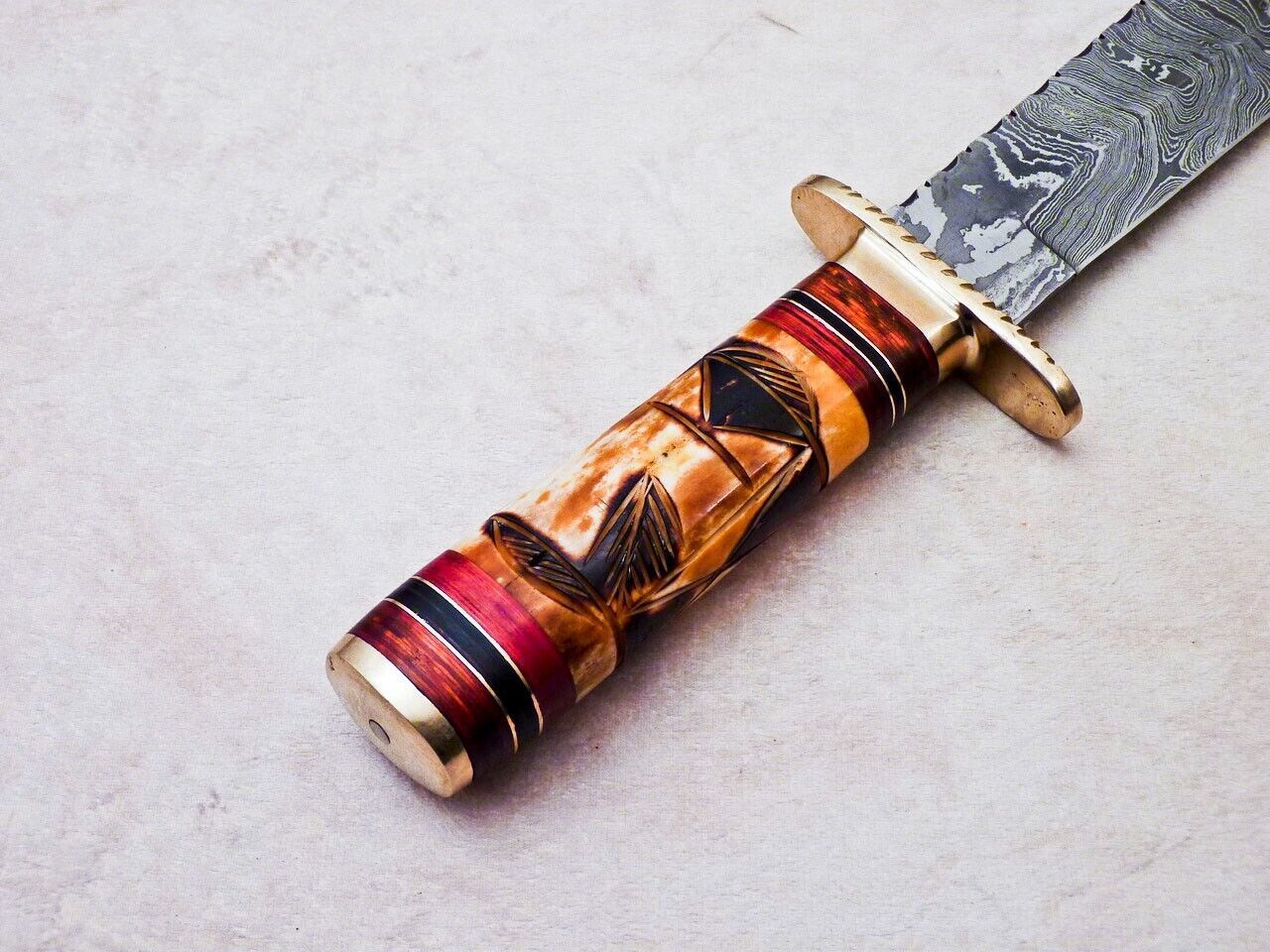 Heritage Forge 16 Inch Damascus Steel Bowie Knife | Camel Bone Hardwood Handle Hunting Camping Blade