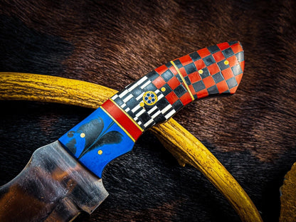 Custom Damascus Hunting Knife – D2 Steel Blade with Wood Handle & Leather Sheath