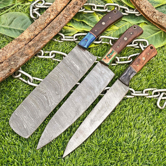 Lot of 3 Handmade Damascus Steel Chef Knives Set – Full Tang Kitchen Knife Collection
