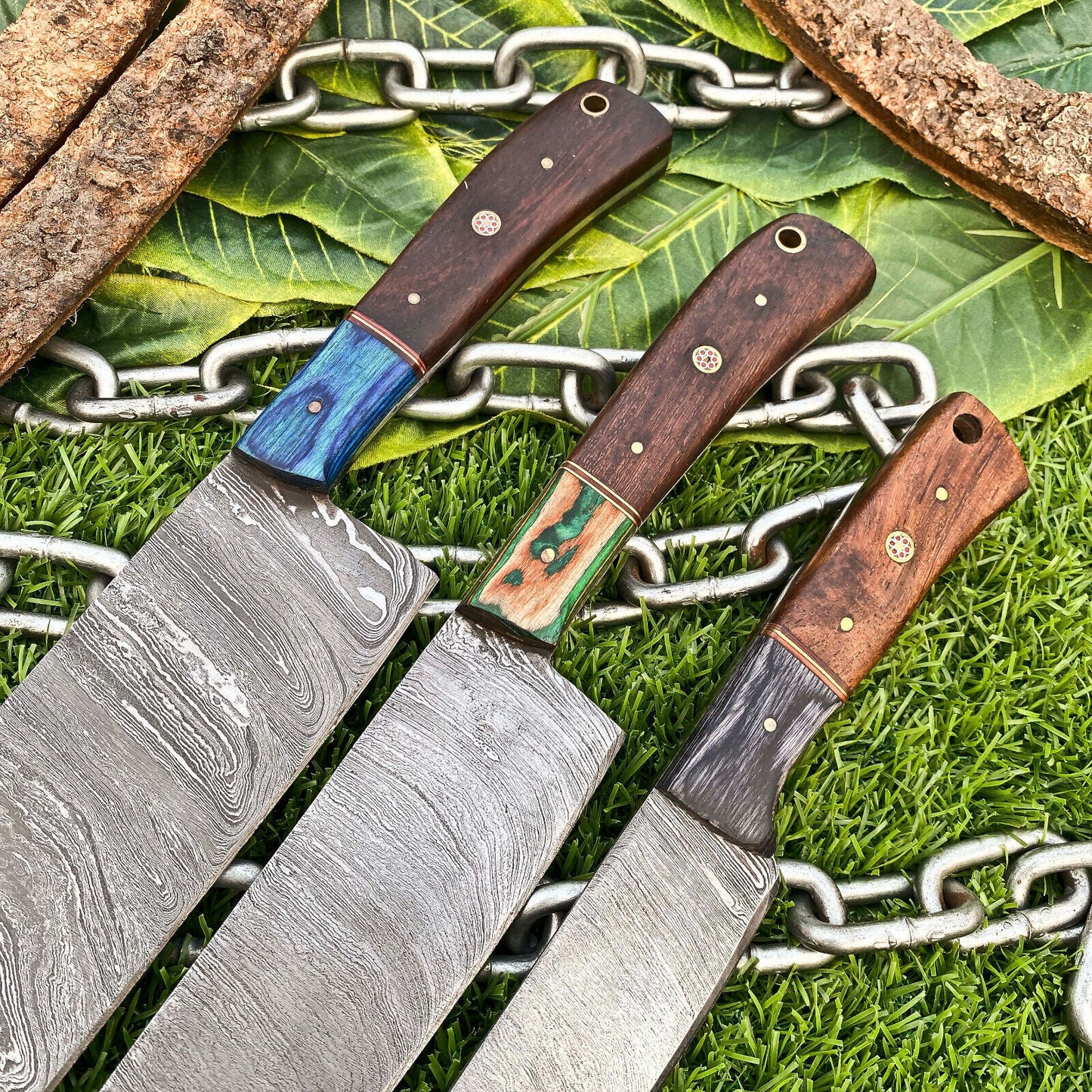 Lot of 3 Handmade Damascus Steel Chef Knives Set – Full Tang Kitchen Knife Collection