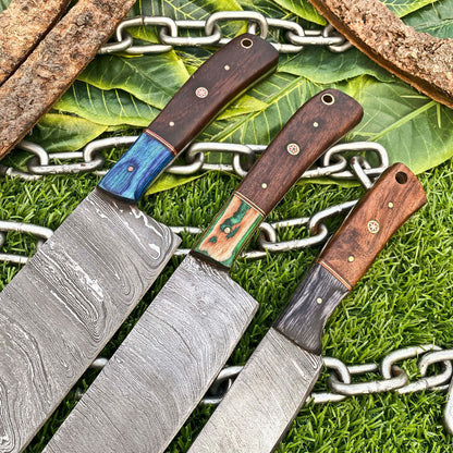 Lot of 3 Handmade Damascus Steel Chef Knives Set – Full Tang Kitchen Knife Collection