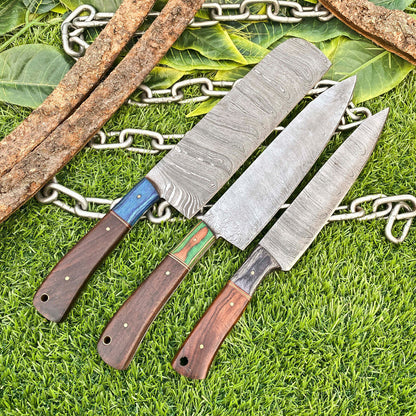 Lot of 3 Handmade Damascus Steel Chef Knives Set – Full Tang Kitchen Knife Collection