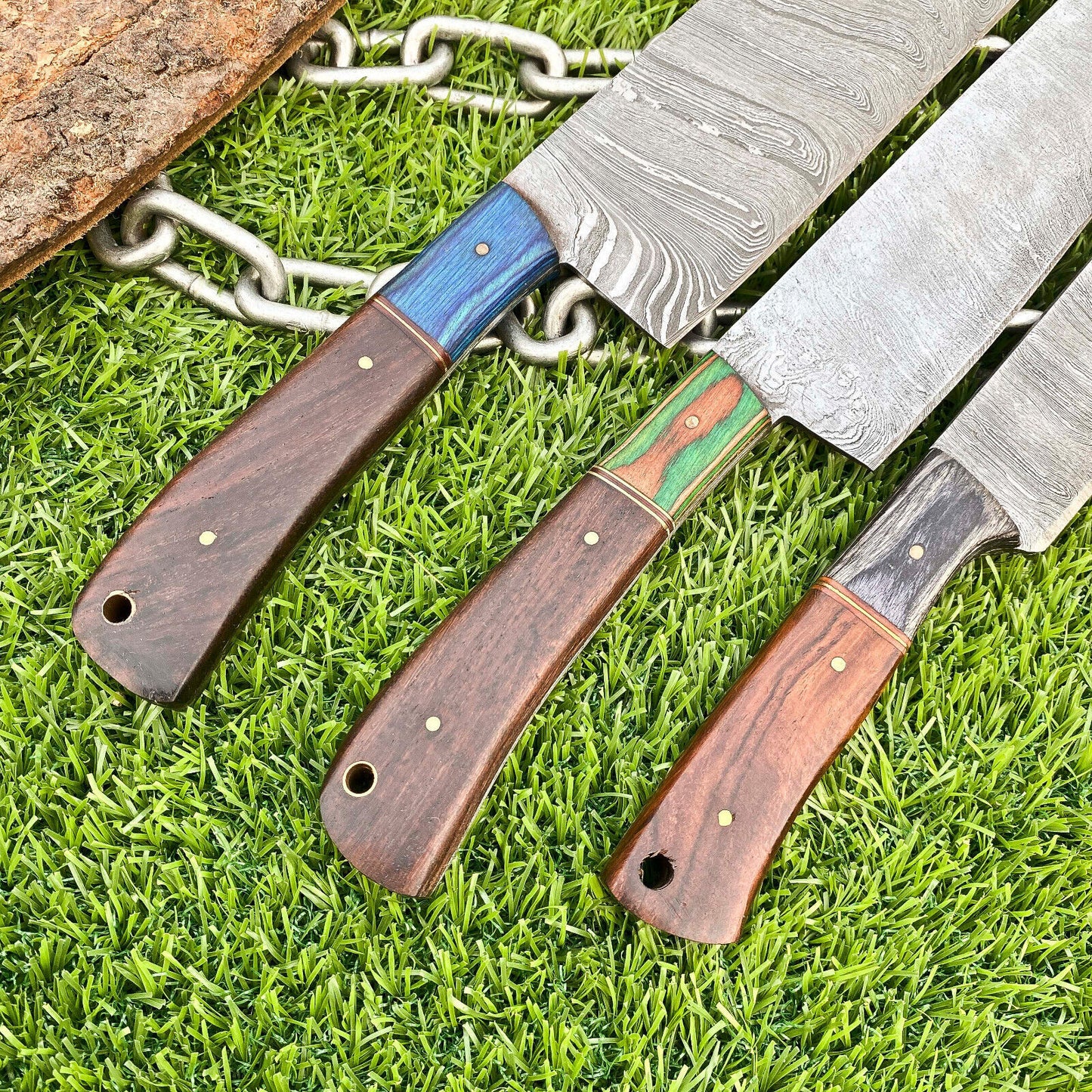 Lot of 3 Handmade Damascus Steel Chef Knives Set – Full Tang Kitchen Knife Collection