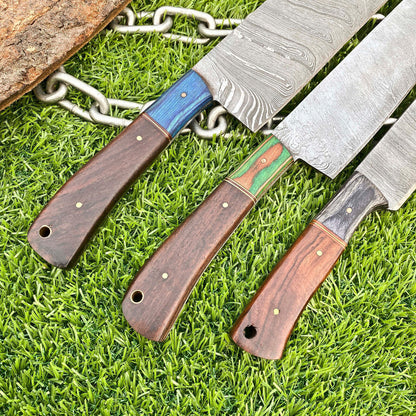 Lot of 3 Handmade Damascus Steel Chef Knives Set – Full Tang Kitchen Knife Collection
