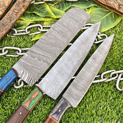 Lot of 3 Handmade Damascus Steel Chef Knives Set – Full Tang Kitchen Knife Collection