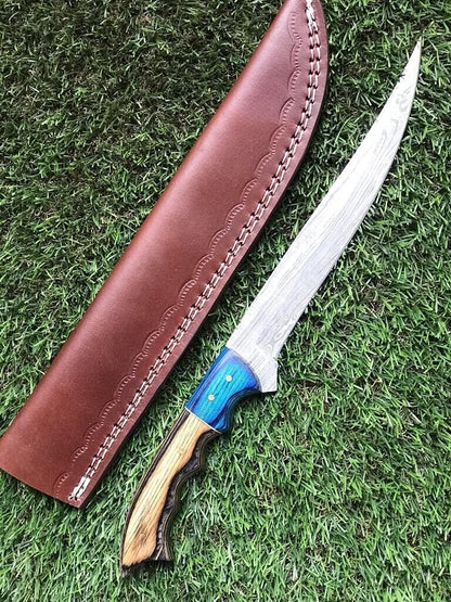 12" Custom Handmade Damascus Steel Fillet, Chef, Brisket & Hunting Knife with Leather Sheath