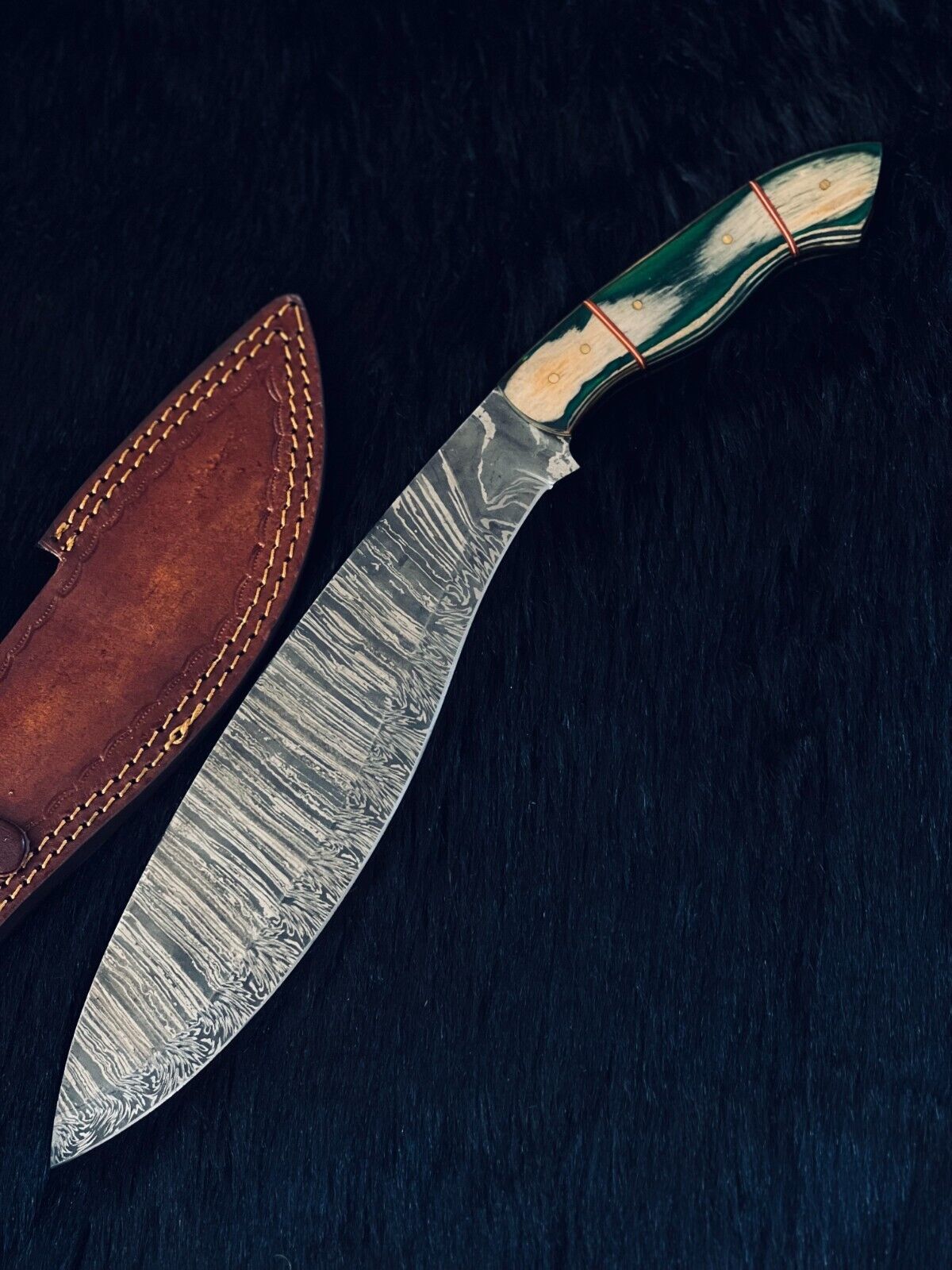 Heritage Forge 15.5 Inch Twist Damascus Steel Kukri Knife with Camel Bone and Wood Handle