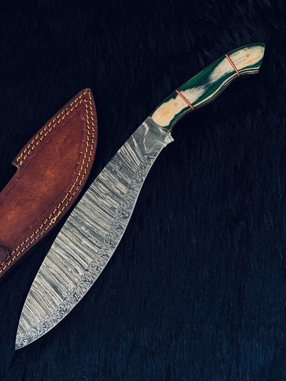 Heritage Forge 15.5 Inch Twist Damascus Steel Kukri Knife with Camel Bone and Wood Handle