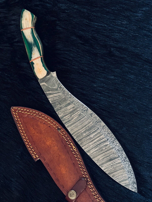 Heritage Forge 15.5 Inch Twist Damascus Steel Kukri Knife with Camel Bone and Wood Handle