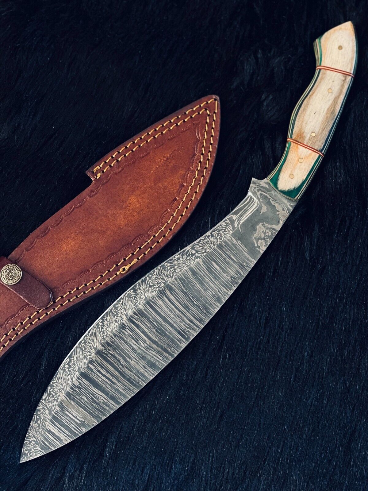 Heritage Forge 15.5 Inch Twist Damascus Steel Kukri Knife with Camel Bone and Wood Handle