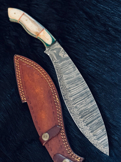 Heritage Forge 15.5 Inch Twist Damascus Steel Kukri Knife with Camel Bone and Wood Handle