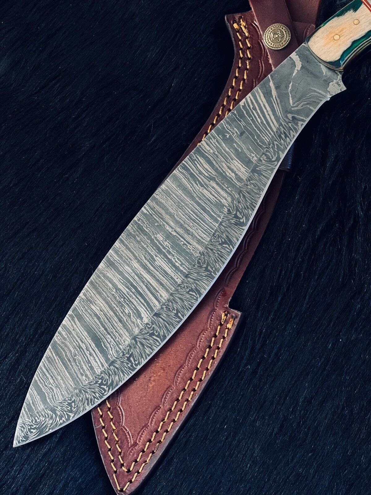 Heritage Forge 15.5 Inch Twist Damascus Steel Kukri Knife with Camel Bone and Wood Handle