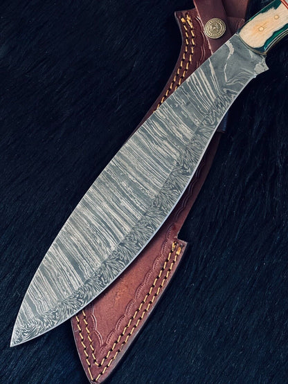 Heritage Forge 15.5 Inch Twist Damascus Steel Kukri Knife with Camel Bone and Wood Handle