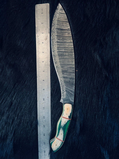 Heritage Forge 15.5 Inch Twist Damascus Steel Kukri Knife with Camel Bone and Wood Handle