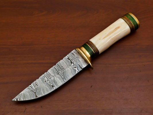 Heritage Forge 10 Inch Damascus Steel Bowie Knife with Camel Bone and Pakka Wood Handle for Hunting and Camping