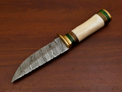 Heritage Forge 10 Inch Damascus Steel Bowie Knife with Camel Bone and Pakka Wood Handle for Hunting and Camping