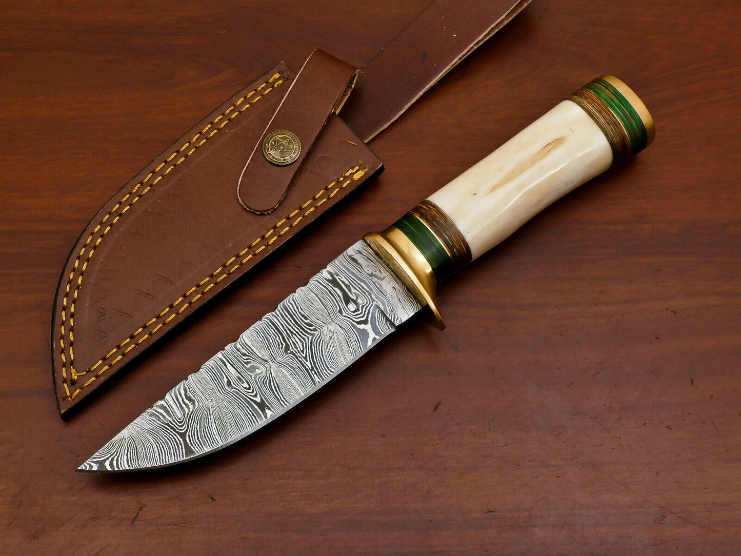 Heritage Forge 10 Inch Damascus Steel Bowie Knife with Camel Bone and Pakka Wood Handle for Hunting and Camping