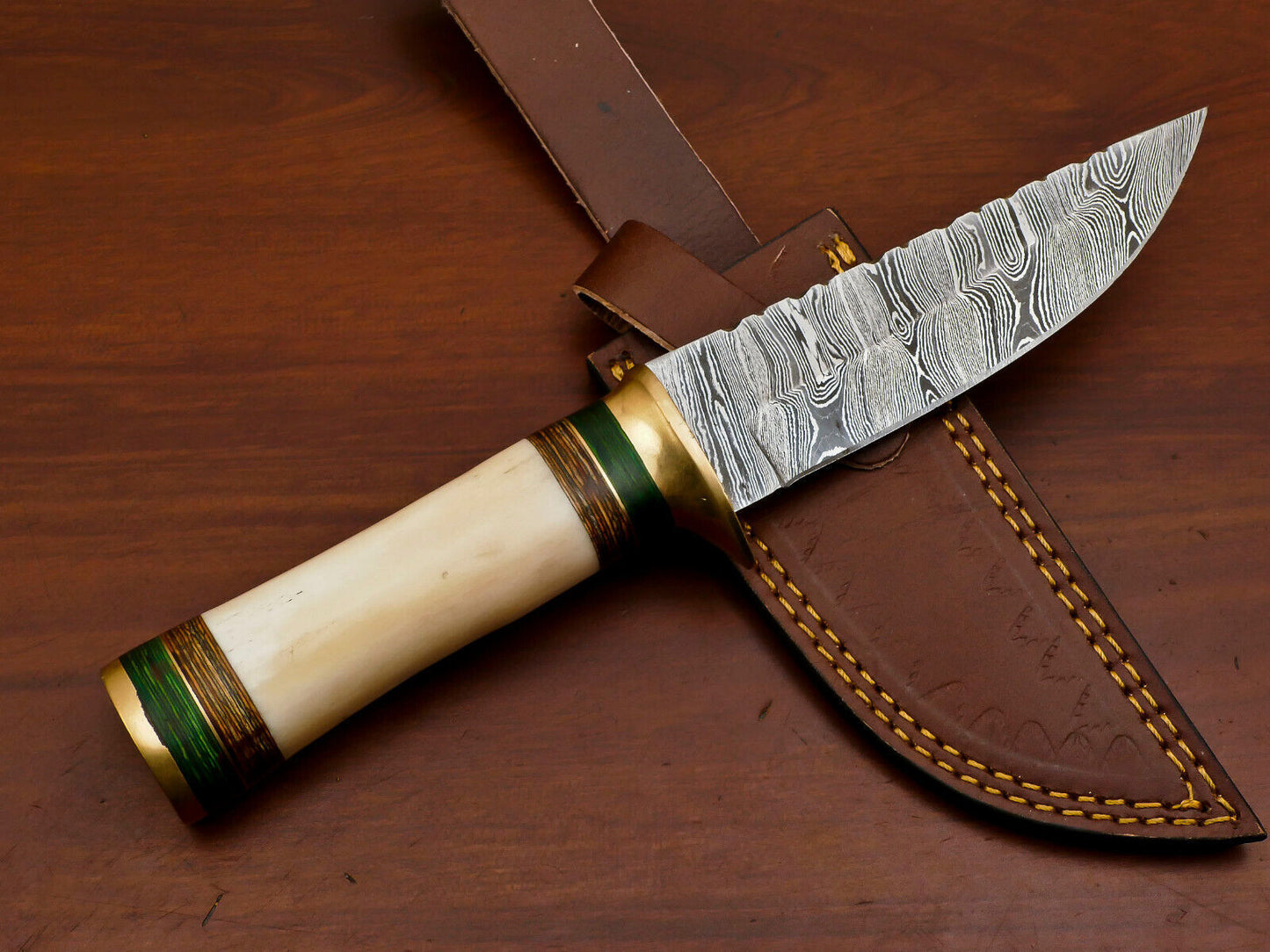 Heritage Forge 10 Inch Damascus Steel Bowie Knife with Camel Bone and Pakka Wood Handle for Hunting and Camping