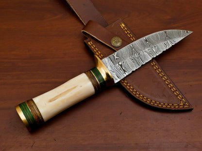 Heritage Forge 10 Inch Damascus Steel Bowie Knife with Camel Bone and Pakka Wood Handle for Hunting and Camping