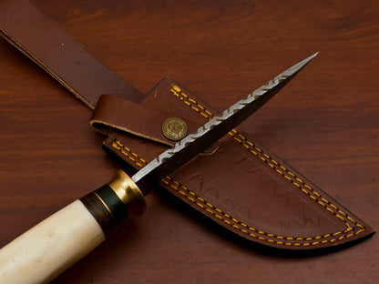 Heritage Forge 10 Inch Damascus Steel Bowie Knife with Camel Bone and Pakka Wood Handle for Hunting and Camping