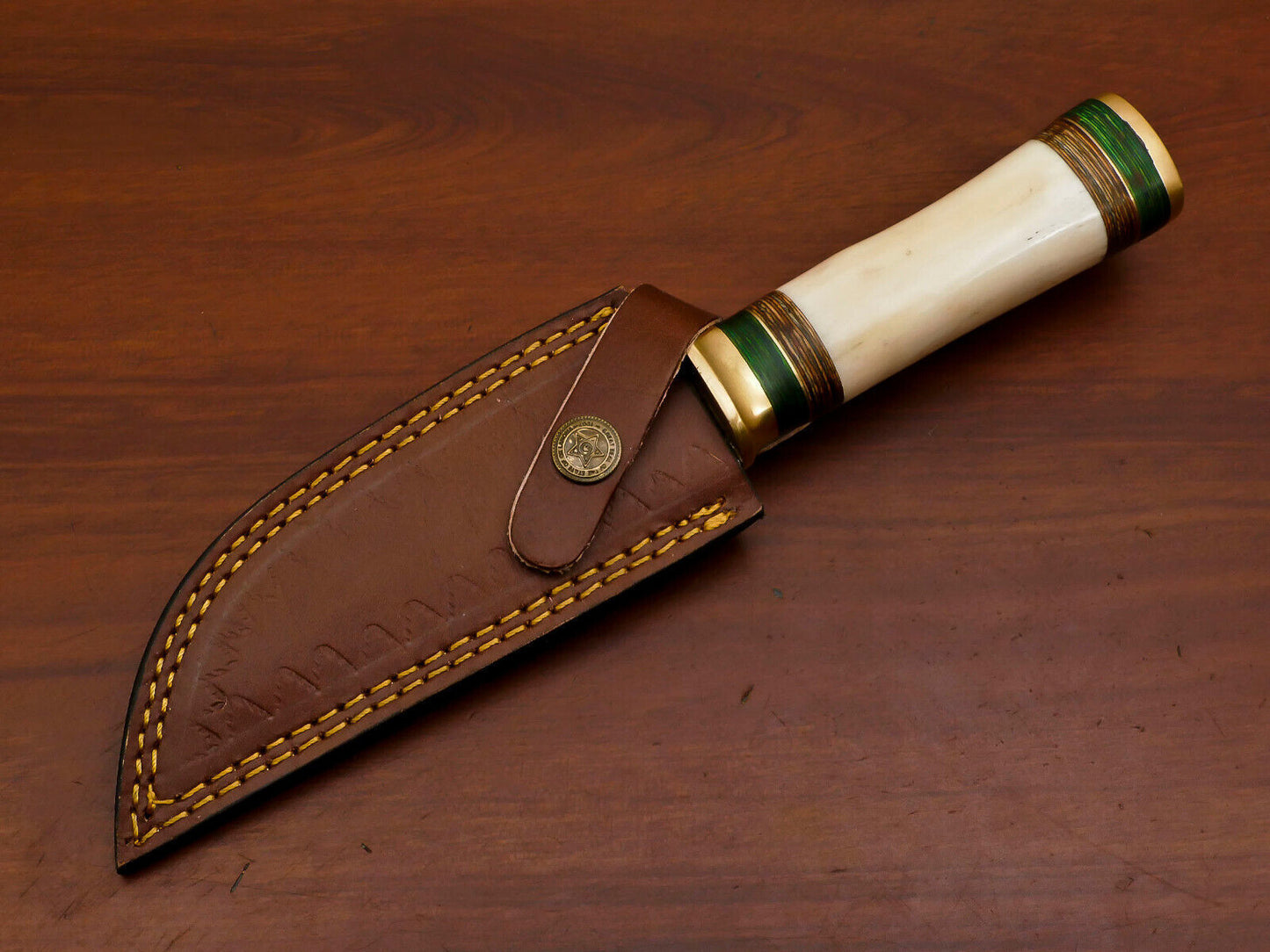 Heritage Forge 10 Inch Damascus Steel Bowie Knife with Camel Bone and Pakka Wood Handle for Hunting and Camping