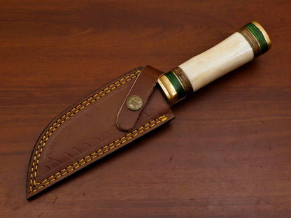 Heritage Forge 10 Inch Damascus Steel Bowie Knife with Camel Bone and Pakka Wood Handle for Hunting and Camping