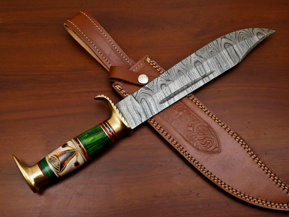 Heritage Forge Huge Handmade Damascus Steel Fixed Blade Bowie Hunting Knife Wood Handle