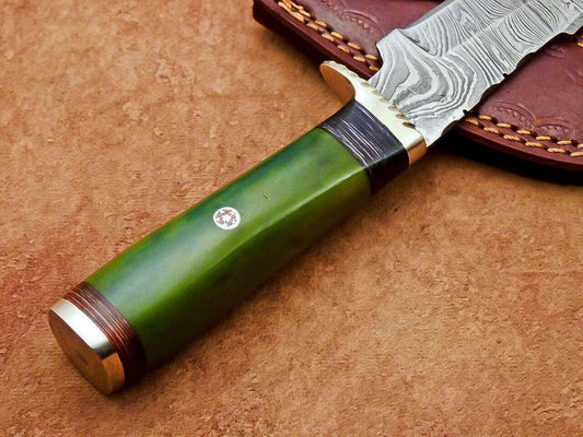 8" Damascus Bowie Knife – Camel Bone Handle & Brass Bolster