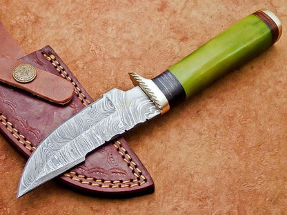 8" Damascus Bowie Knife – Camel Bone Handle & Brass Bolster