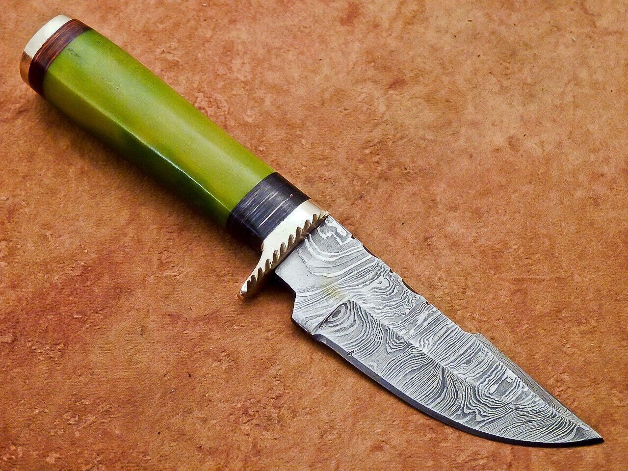 8" Damascus Bowie Knife – Camel Bone Handle & Brass Bolster