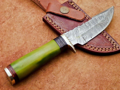 8" Damascus Bowie Knife – Camel Bone Handle & Brass Bolster