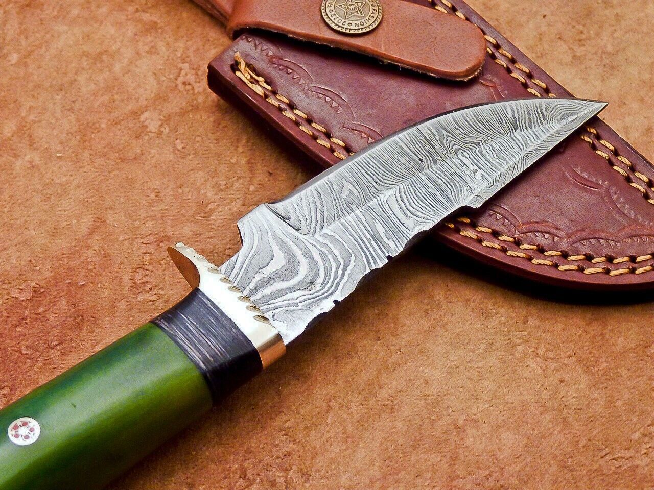 8" Damascus Bowie Knife – Camel Bone Handle & Brass Bolster