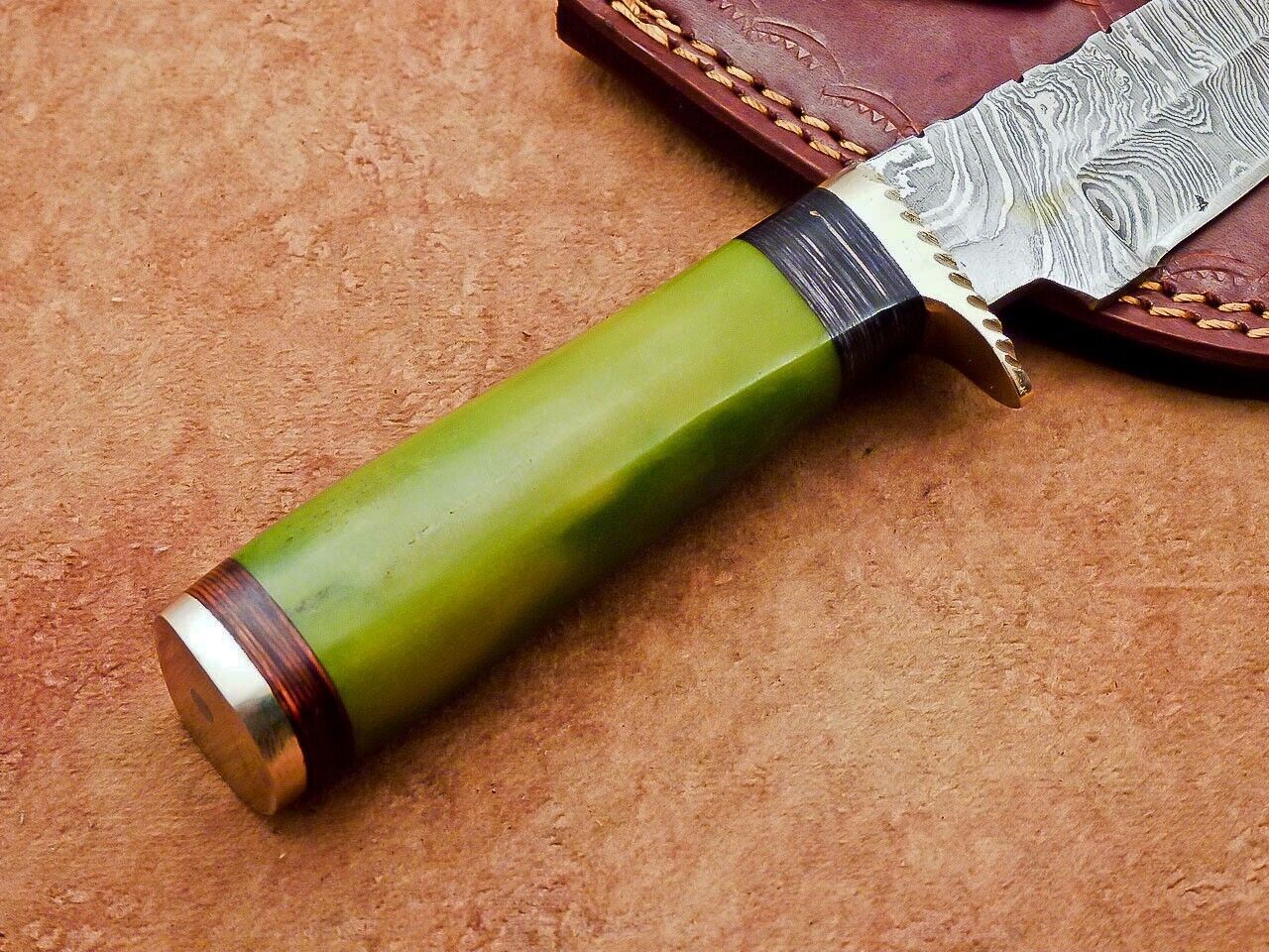 8" Damascus Bowie Knife – Camel Bone Handle & Brass Bolster