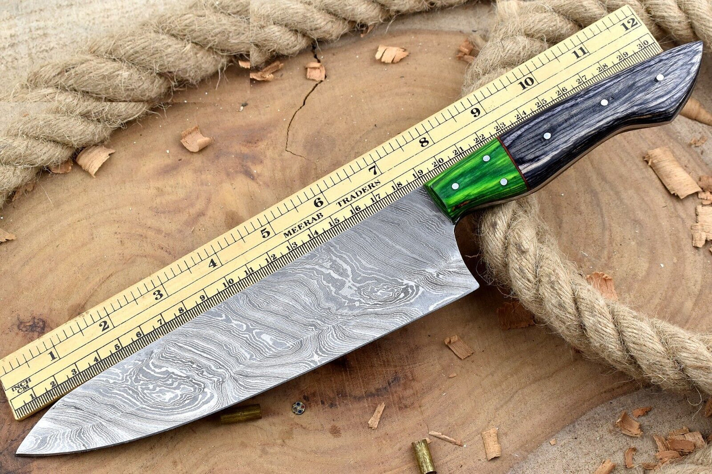 Heritage Forge 13" Custom Handmade Damascus Steel Chef Knife with White & Black Handle