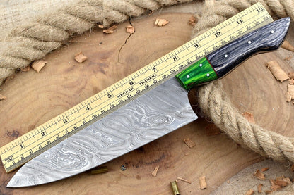 Heritage Forge 13" Custom Handmade Damascus Steel Chef Knife with White & Black Handle