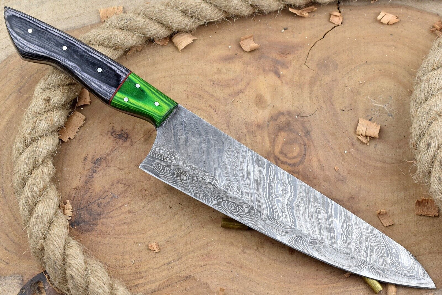 Heritage Forge 13" Custom Handmade Damascus Steel Chef Knife with White & Black Handle