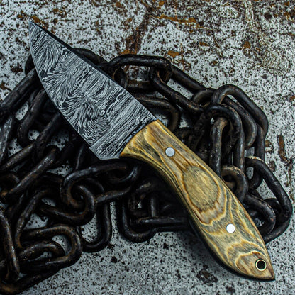 8.5" Custom Damascus Steel Bowie Knife – Wood Handle, Tactical Design