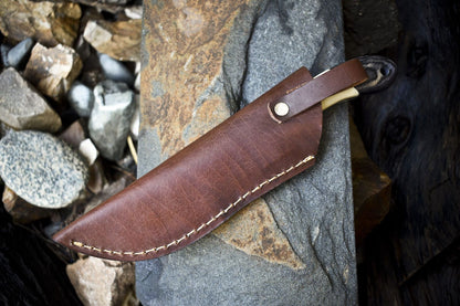 Twist Damascus Skinner Knife with Bone Handle and Micarta Bolster – Survival Hunting Tool with Leather Sheath