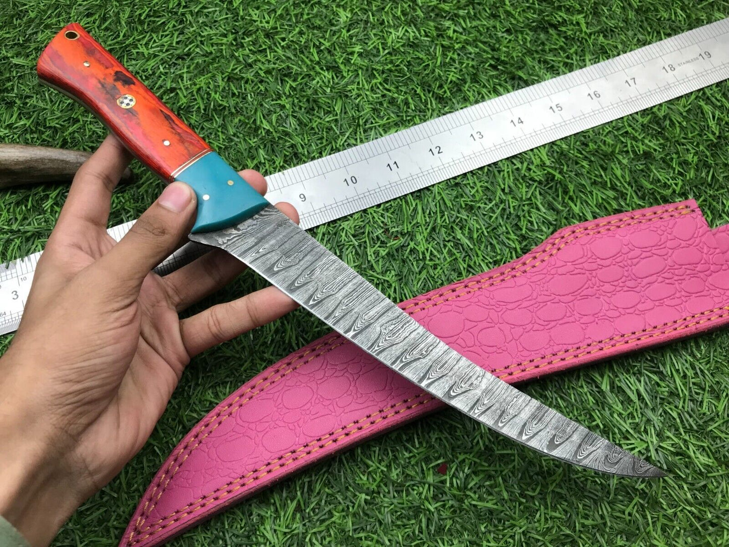 14" Hand Forged Damascus Fillet Knife Custom Fillet Knife with Sheath