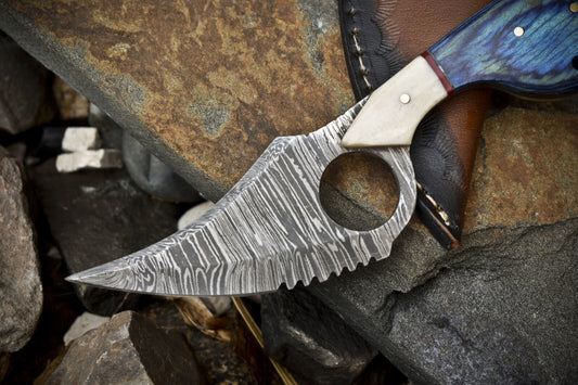 7" Custom Twist Damascus Skinner Knife with Hard Wood Handle – Handmade EDC Knife for Veterans Gift