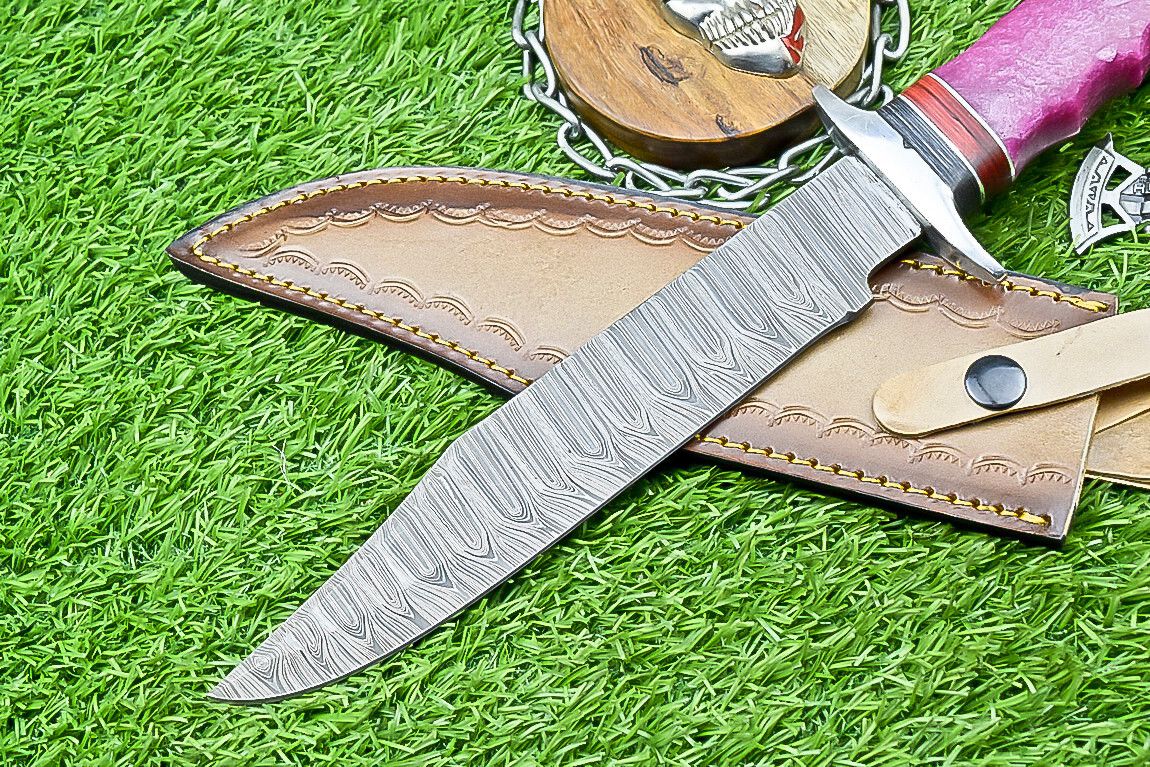 14" Premium Damascus Bowie Knife – Resin Handle & Leather Sheath