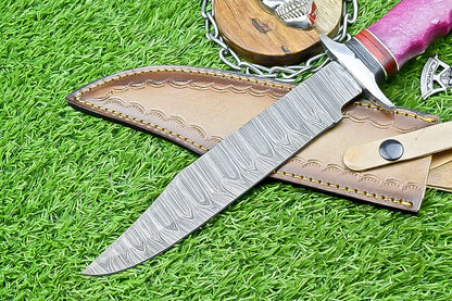 14" Premium Damascus Bowie Knife – Resin Handle & Leather Sheath