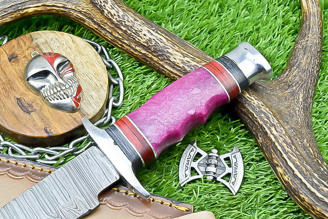 14" Premium Damascus Bowie Knife – Resin Handle & Leather Sheath