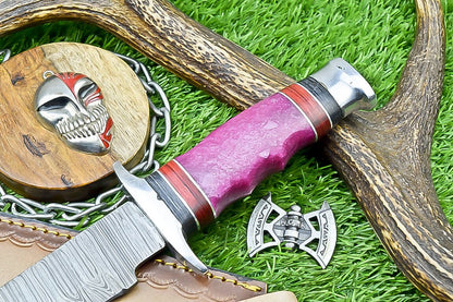 14" Premium Damascus Bowie Knife – Resin Handle & Leather Sheath